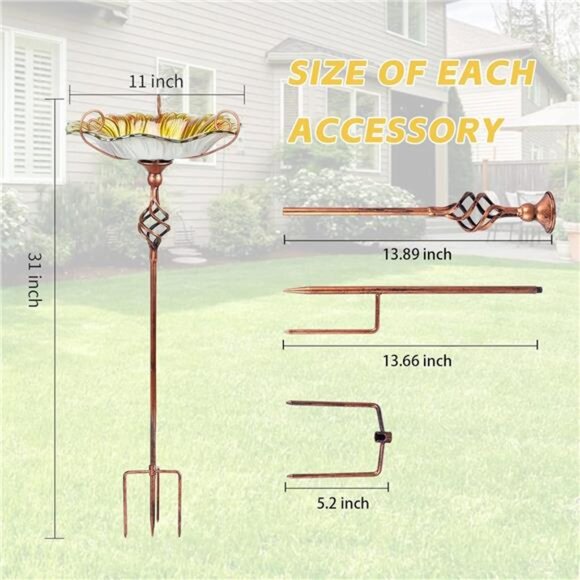 Bird Baths for Outdoors, Glass Birdbaths Outdoor Garden Birdfeeder with Metal - Picture 11 of 16